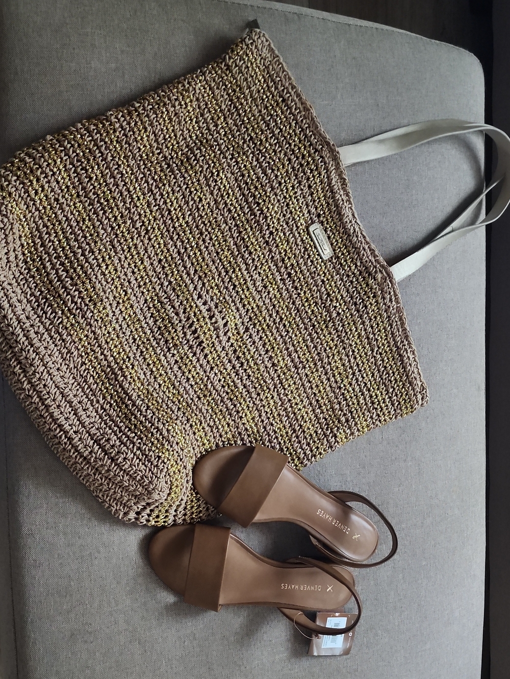 Sun& Sand Woven Straw Tote Bag in Natural Brown & Size 7 Sandles Denver HAyes